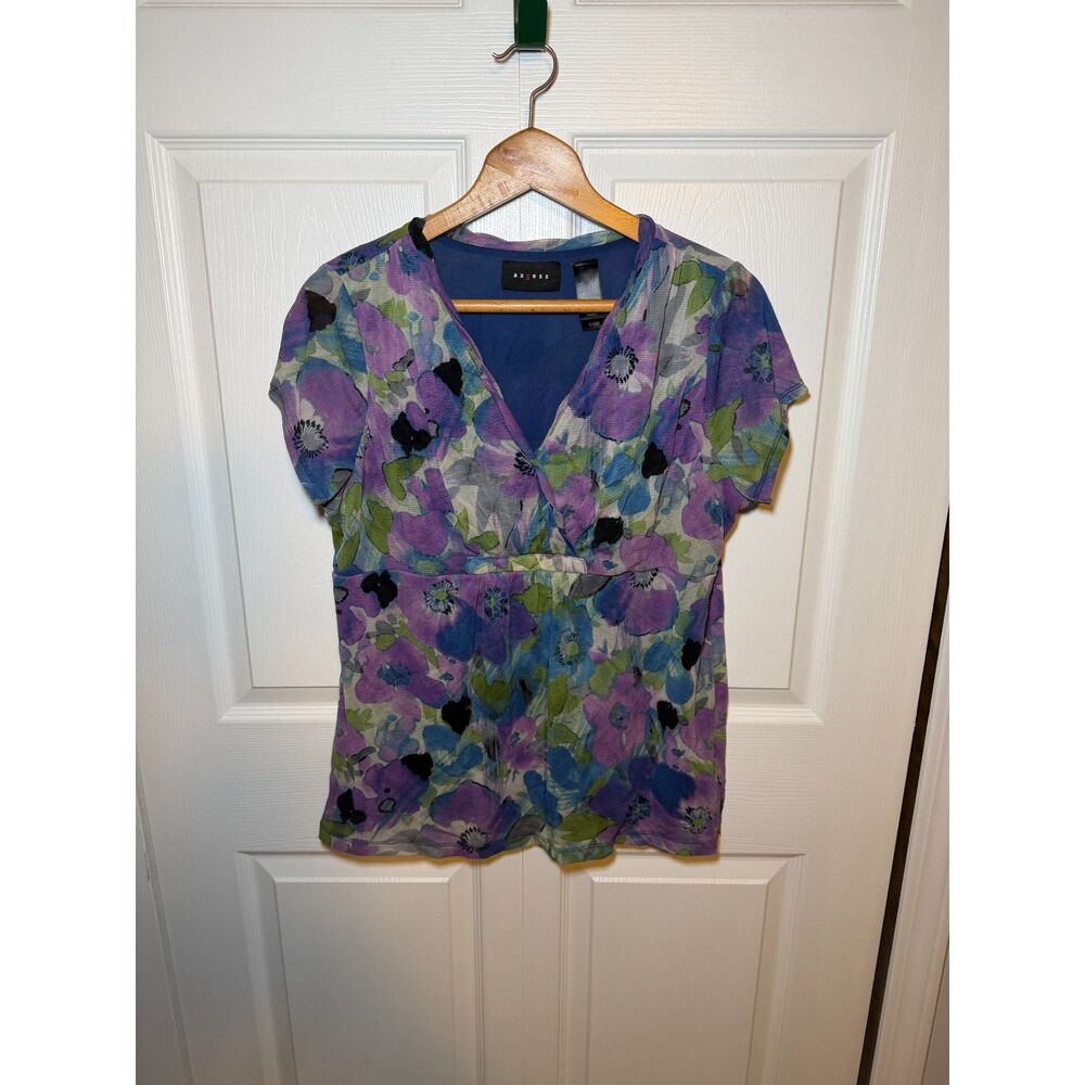 Axcess Floral Surplice Blouse Purple Blue Green Sheer Top Women's XL